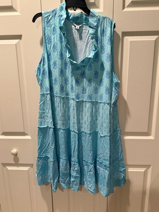 crown & ivy Dresses & Skirts - % crown & ivy 3X Aqua Blue Printed Sleeveless Ruffle Tiered Dress